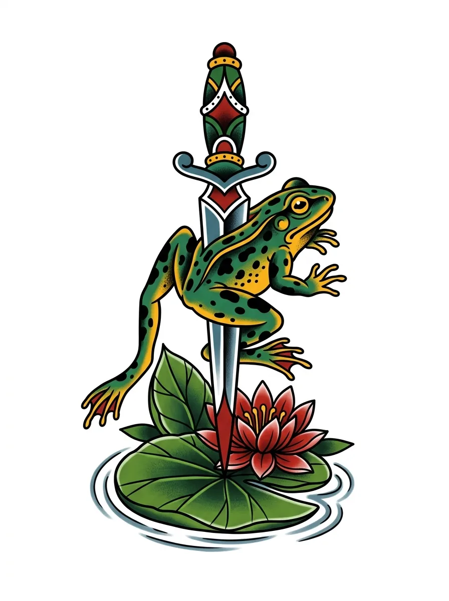 old school frog tattoo with dagger and lily pad, saturated green red yellow palette, no text, pure white background for traditional frog tattoo inspiration