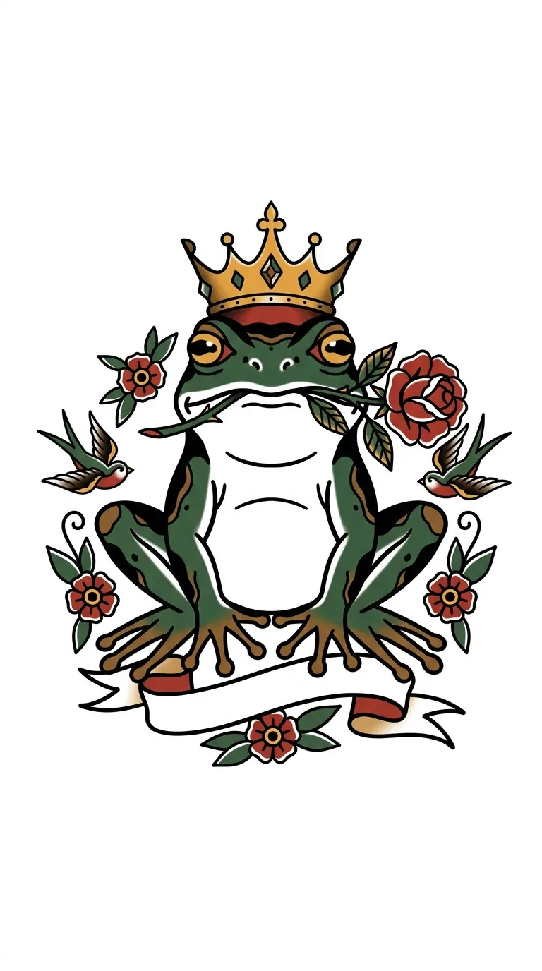 traditional frog prince tattoo with small crown, bold black linework, vintage flash colors, pure white background for traditional frog tattoo inspiration