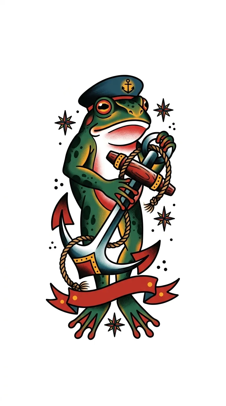 sailor style traditional frog tattoo with anchor motif, no words, strong readable silhouette, pure white background inspiration
