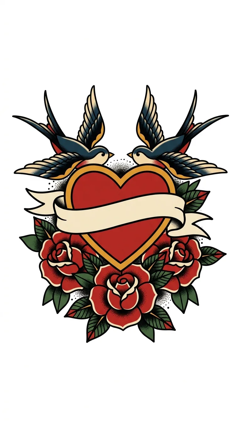 Sailor vintage traditional mom heart tattoo flash with swallows, roses, red heart, and clean blank banner