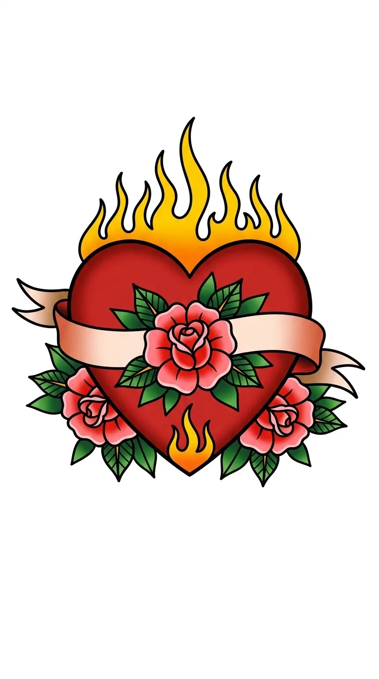 Upper arm or shoulder traditional mom heart tattoo with round red heart, roses, flame, and ribbon