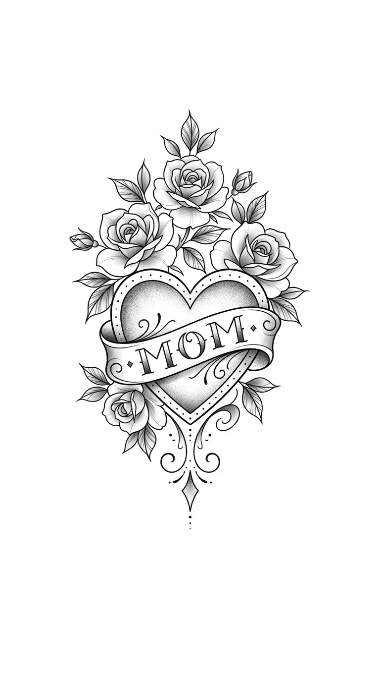 Fine line black and grey traditional mom heart tattoo concept with roses and readable banner area