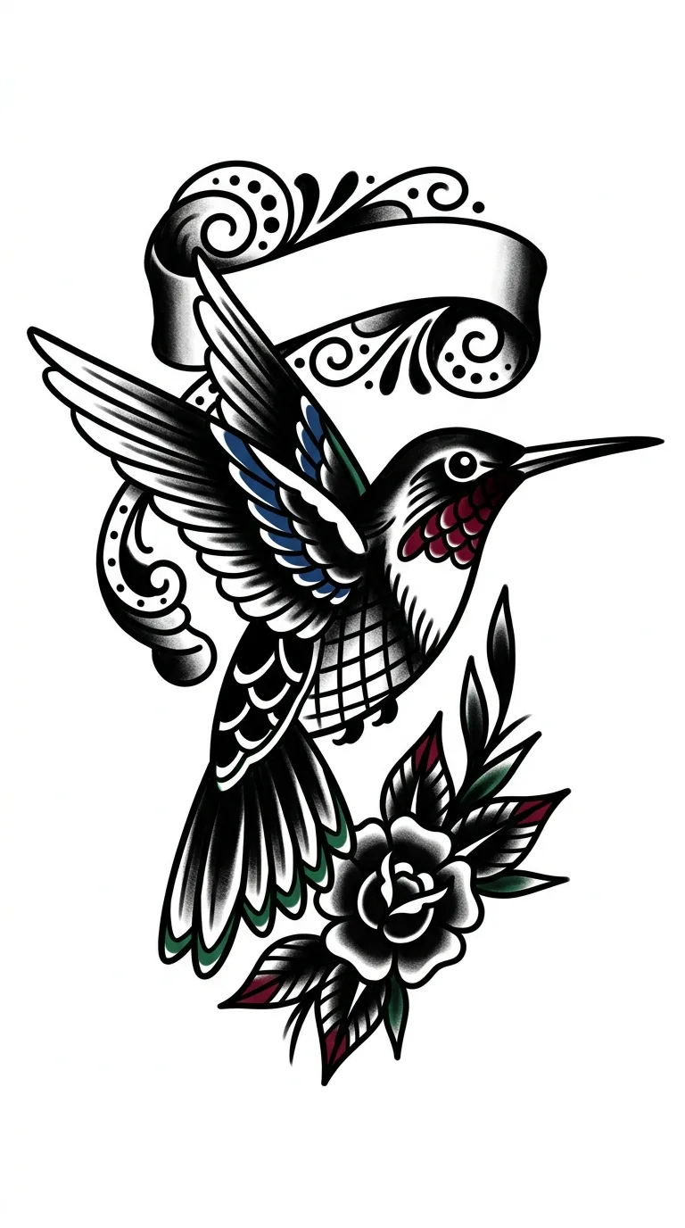 Bold blackwork traditional hummingbird tattoo concept with limited color accents