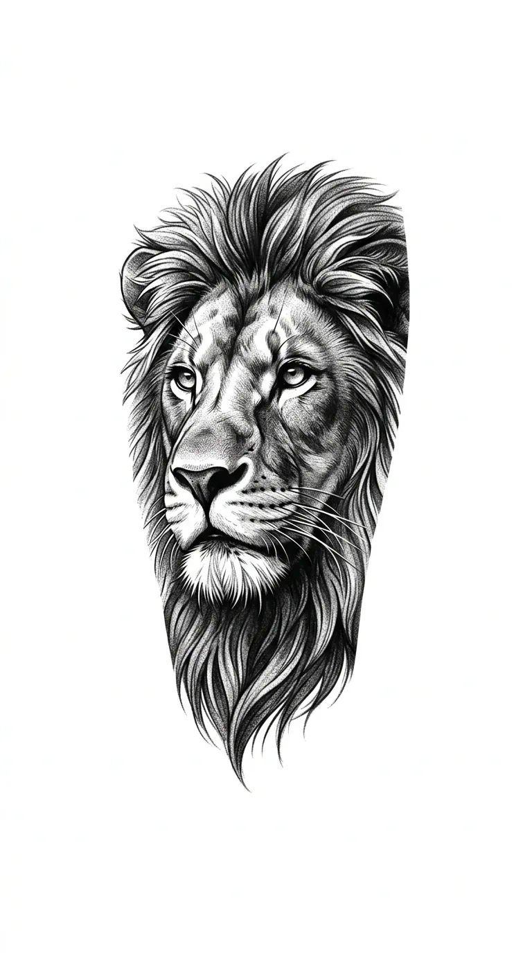 Realistic black and grey lion forearm tattoo portrait with vertical outer forearm composition