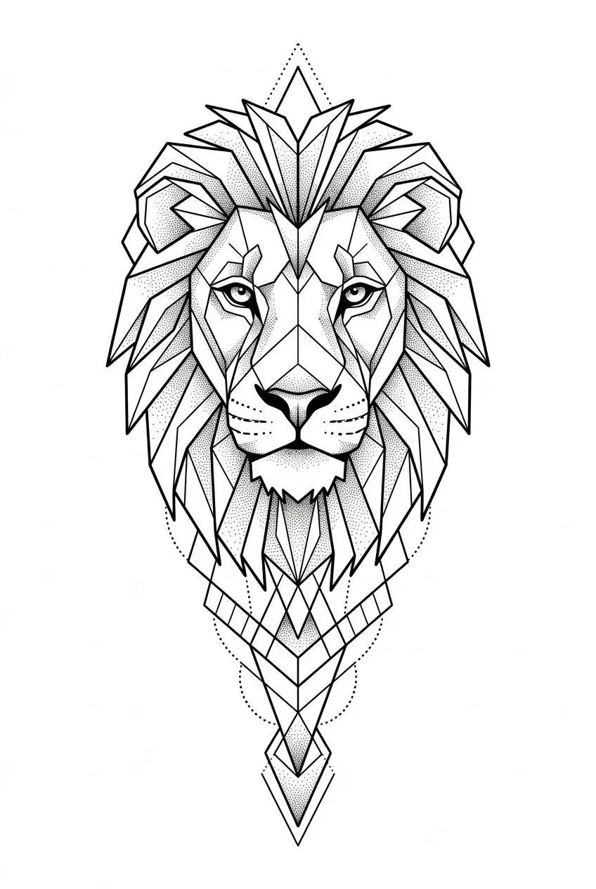 Geometric lion forearm tattoo with symmetrical face, crisp linework, and dot shading
