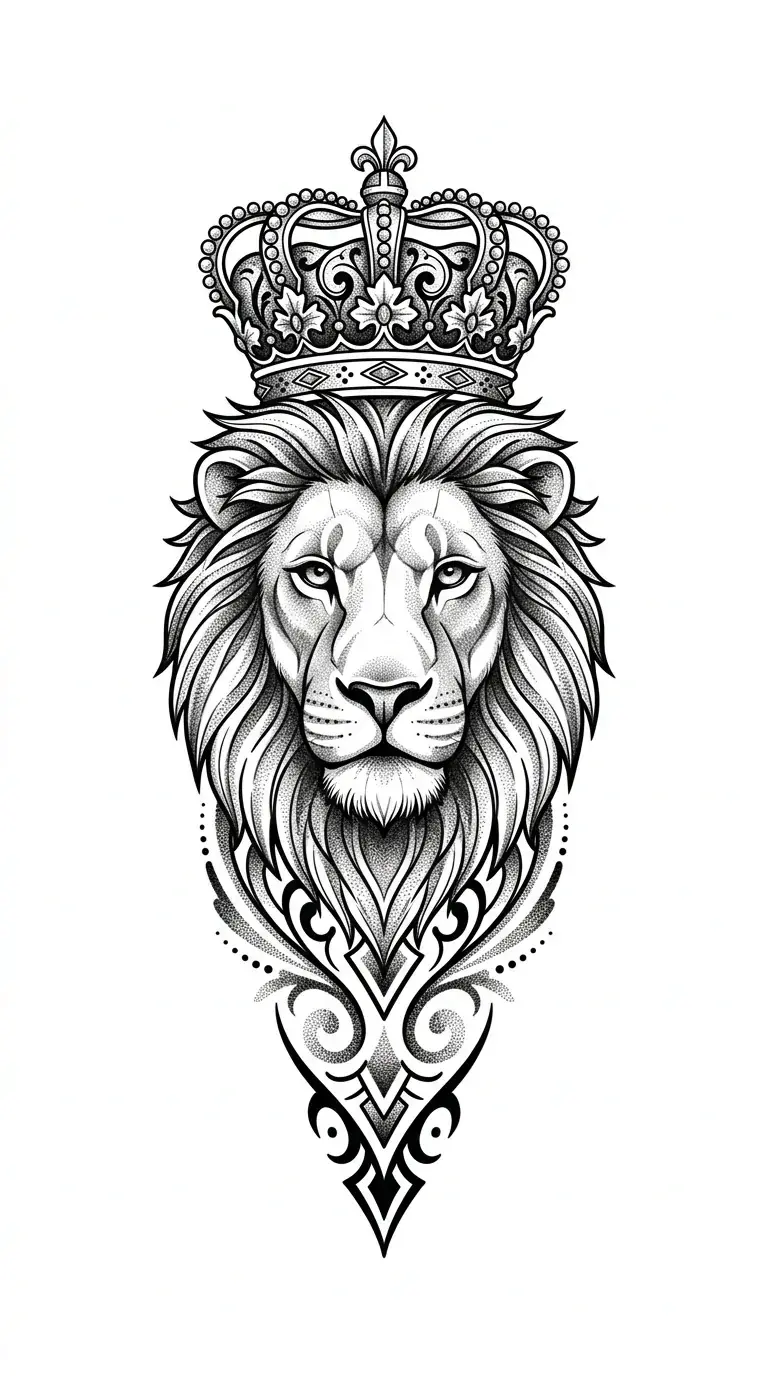 Lion and crown forearm tattoo concept in blackwork with subtle grey shading