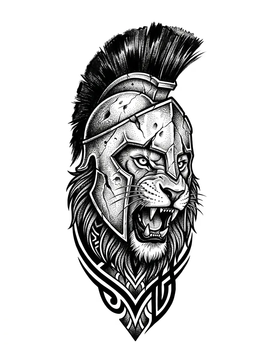 Dark and aggressive Spartan lion wearing a battle-damaged helmet, intricate blackwork tattoo