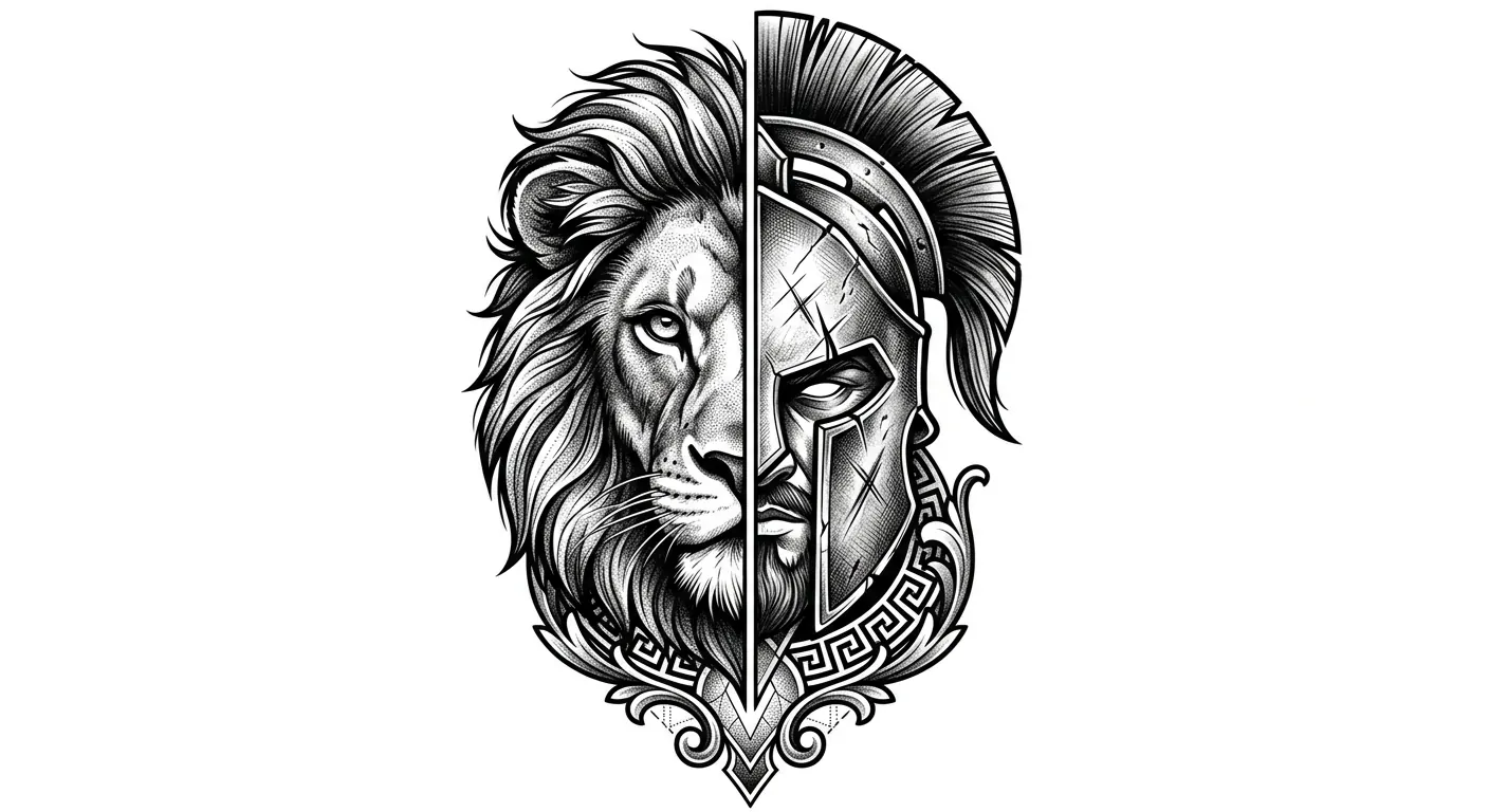 Split portrait lion face and Spartan helmet tattoo design in black and grey