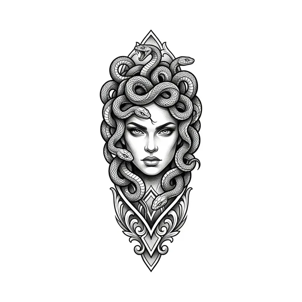 medusa tattoo arm, realistic medusa portrait with snake hair, black and grey detailed linework, forearm vertical composition, pure white inspiration