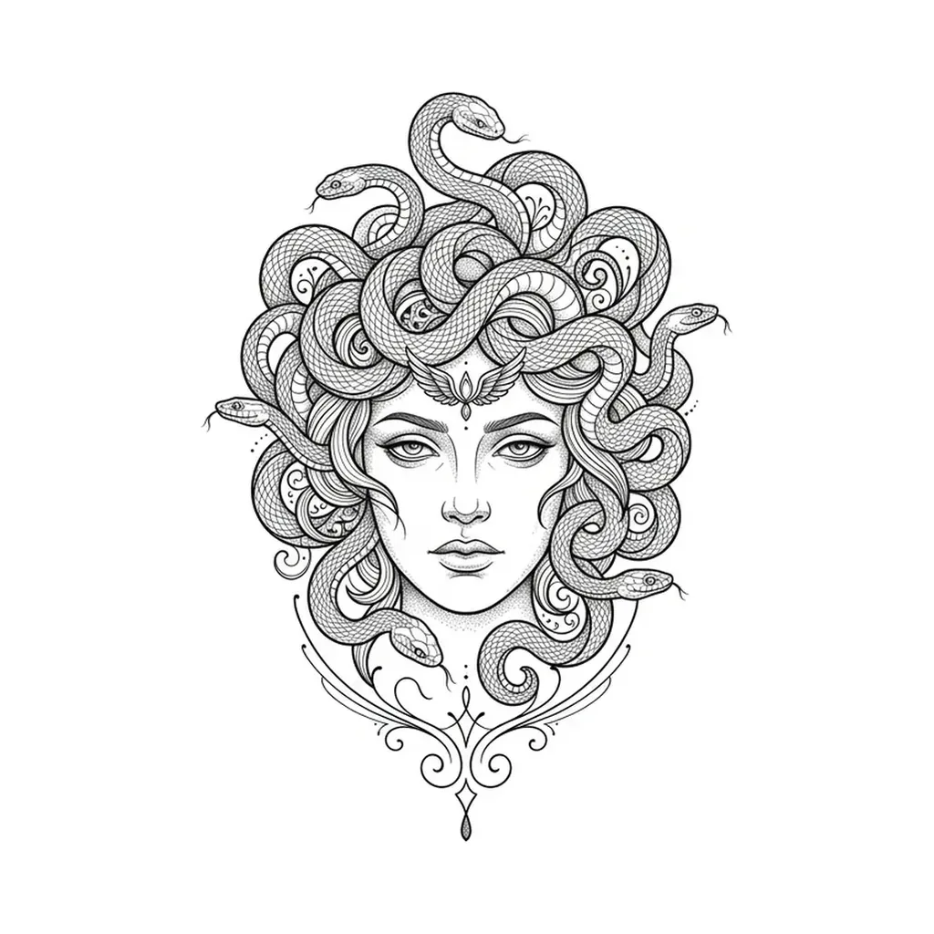 medusa tattoo arm, fine line medusa goddess face with ornate coiled snake hair, delicate single-needle upper arm design, pure white inspiration