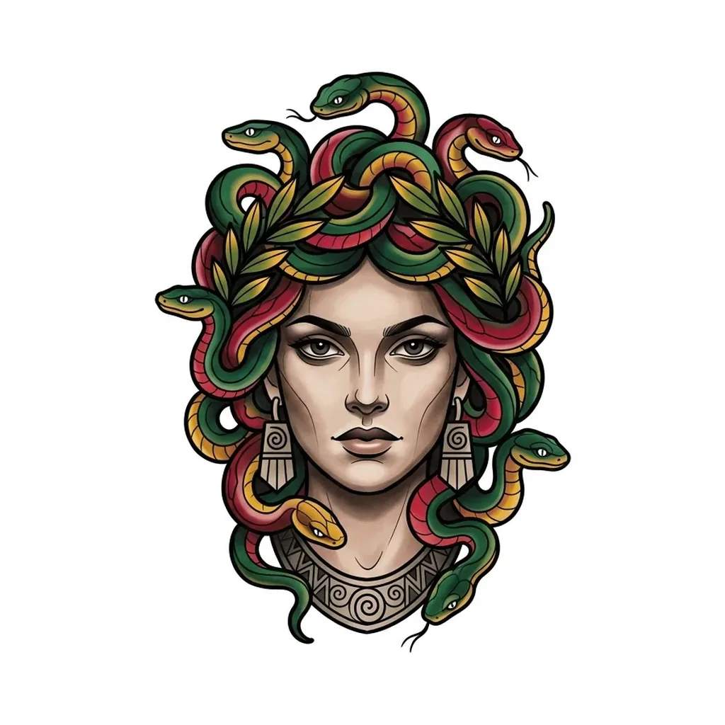 medusa tattoo arm, neo-traditional medusa with bold color snakes in hair, laurel crown, forearm tattoo flash, pure white inspiration
