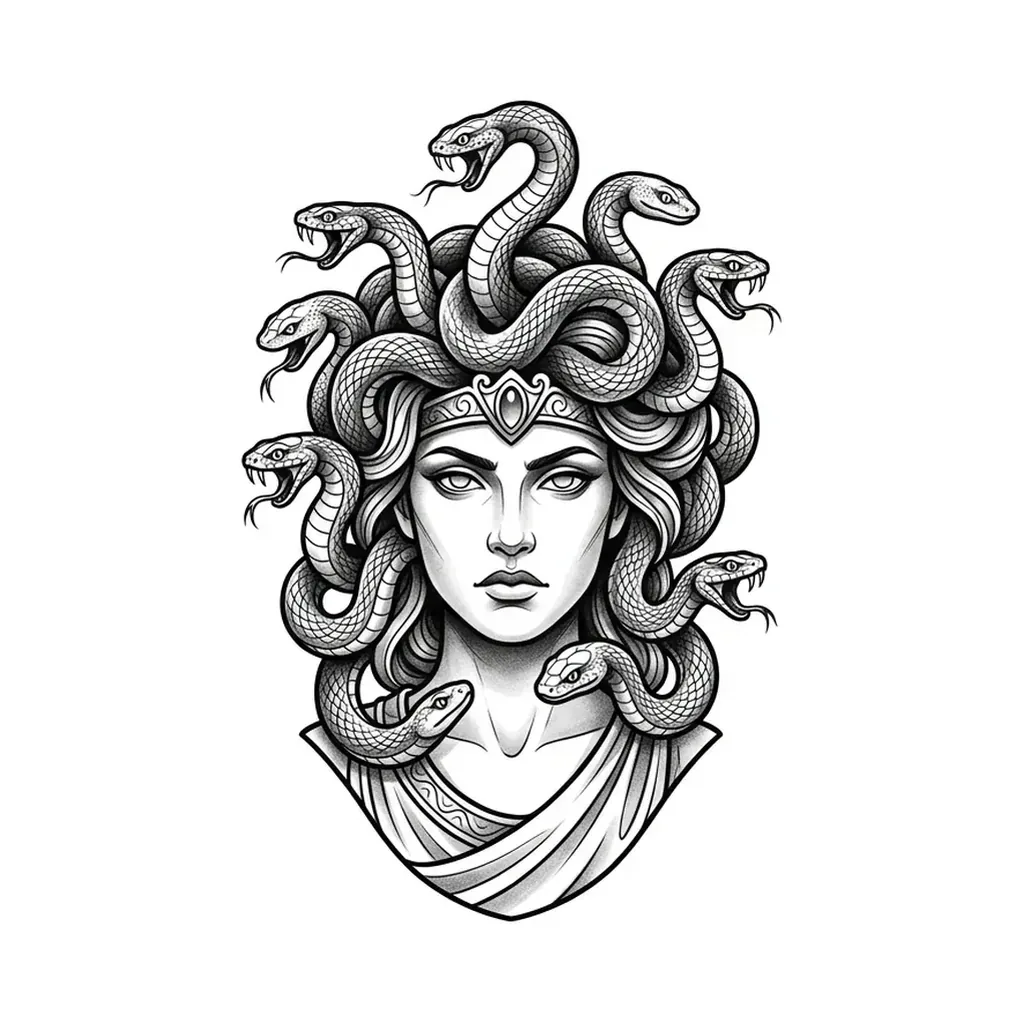 medusa tattoo arm, illustrative medusa goddess with flowing serpent hair and classical features, black and grey, pure white inspiration