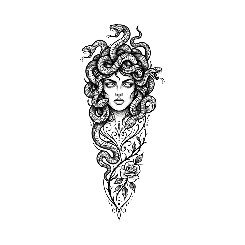 medusa tattoo arm, medusa head with snakes flowing down into arm sleeve design, dramatic vertical composition, pure white inspiration