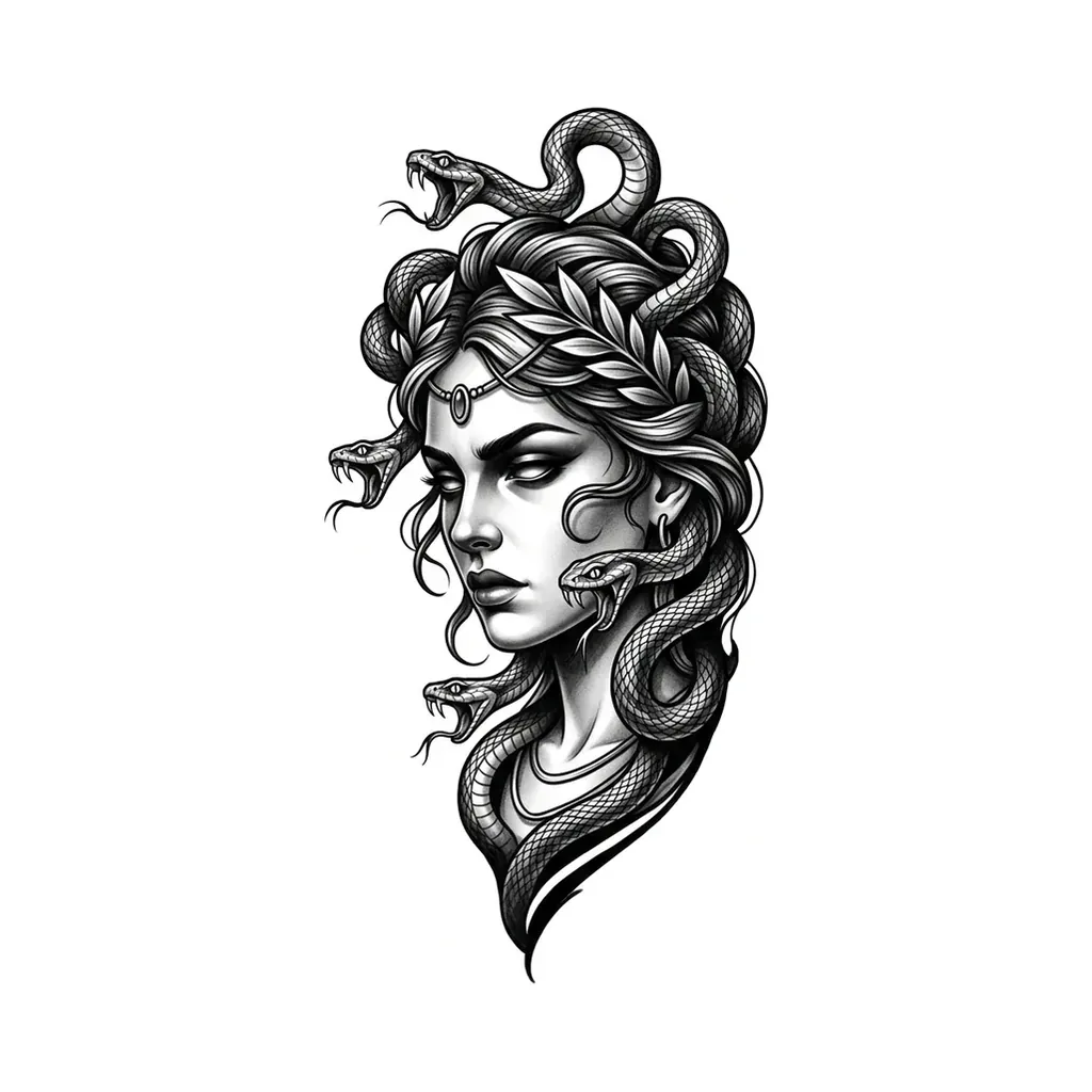 medusa tattoo arm, black and grey medusa goddess portrait with dramatic cinematic shading, strong arm composition, pure white inspiration