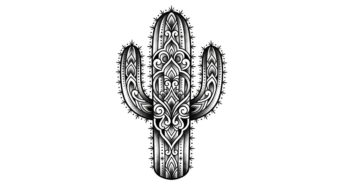 blackwork ornamental cactus tattoo flash, polished symmetrical saguaro, clean dot shading, readable tattoo silhouette, no poster, pure white for traditional cactus tattoo inspiration