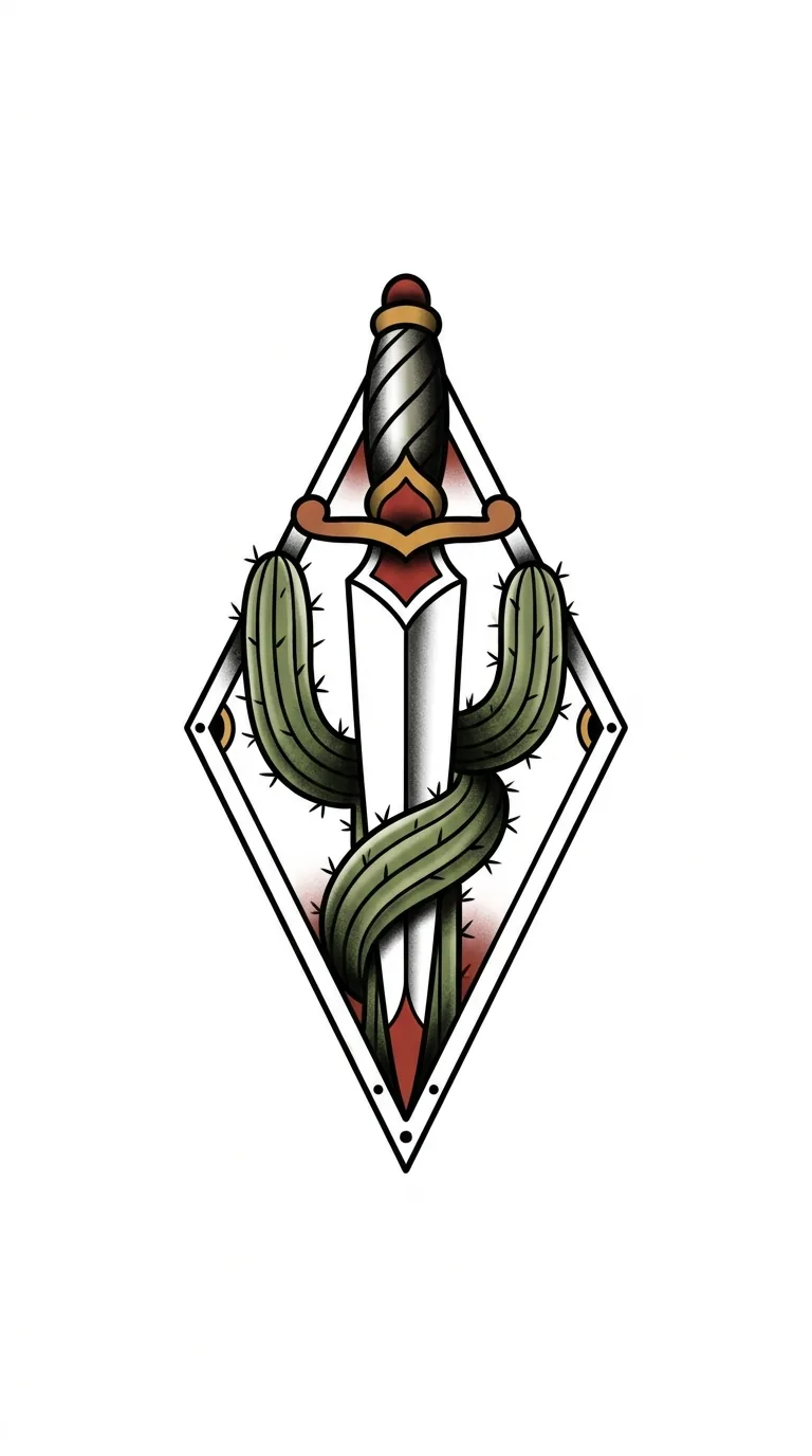 traditional cactus dagger tattoo flash, saguaro wrapped around short dagger, old-school shading, compact vertical tattoo composition, no text for traditional cactus tattoo inspiration
