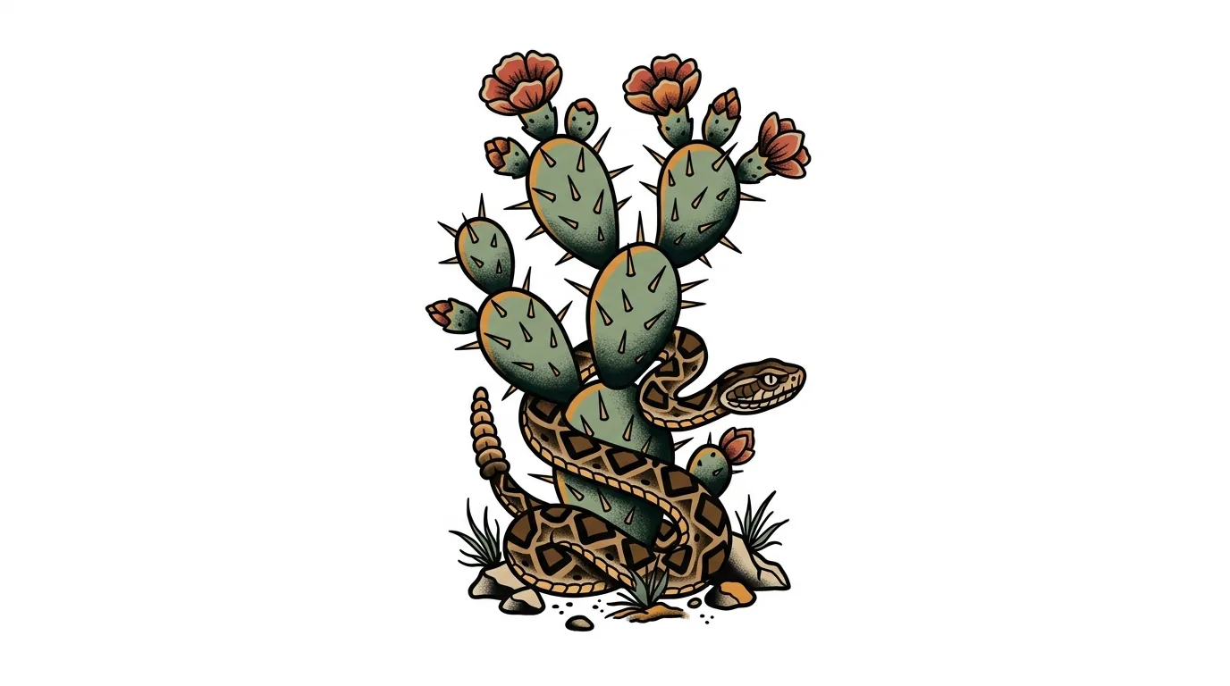 traditional cactus and snake tattoo flash, small rattlesnake coiled around cactus base, bold outlines, selective muted desert colors, pure white background for traditional cactus tattoo inspiration