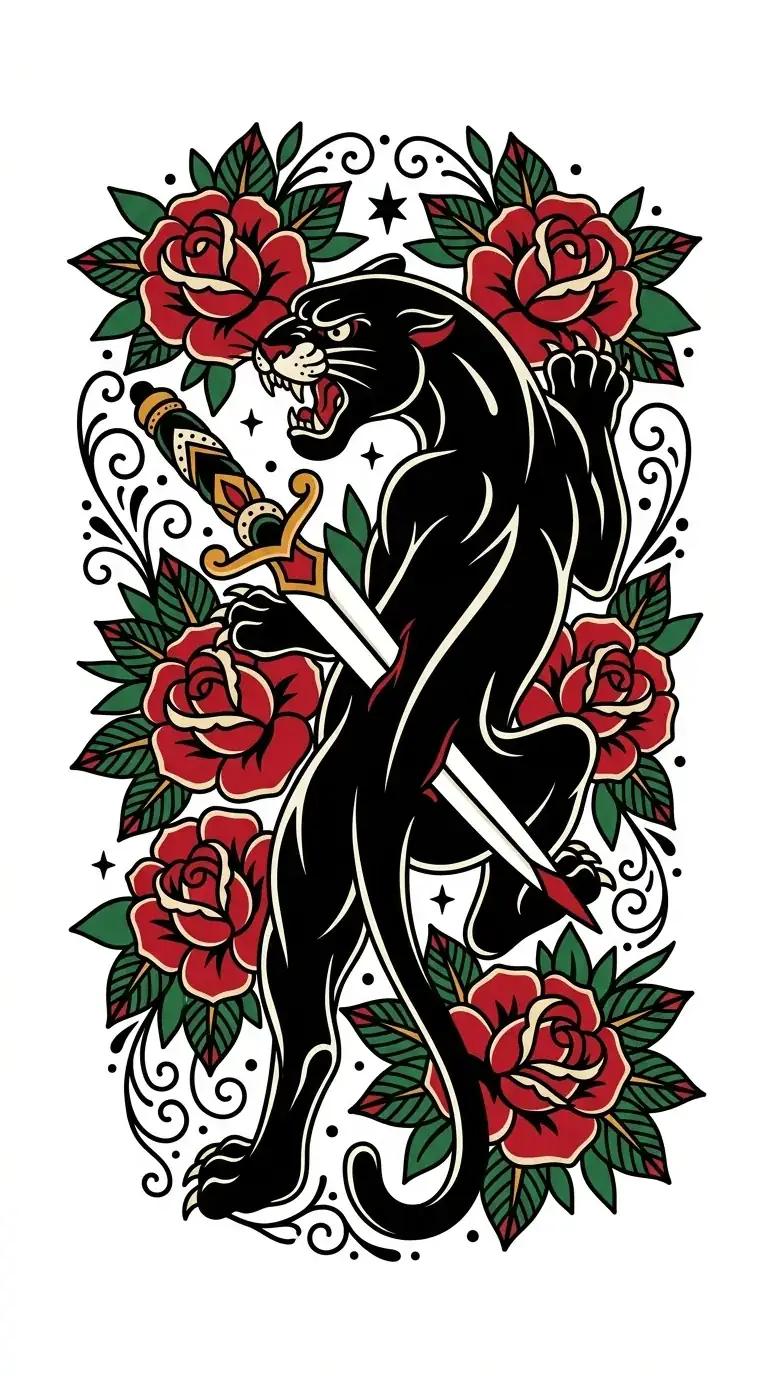 Color panther and roses American traditional back tattoo idea for center back