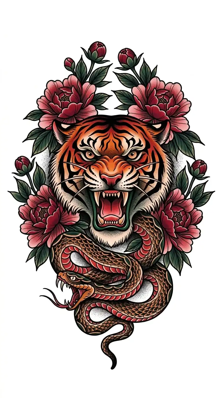 Color tiger and snake American traditional back tattoo idea for full back
