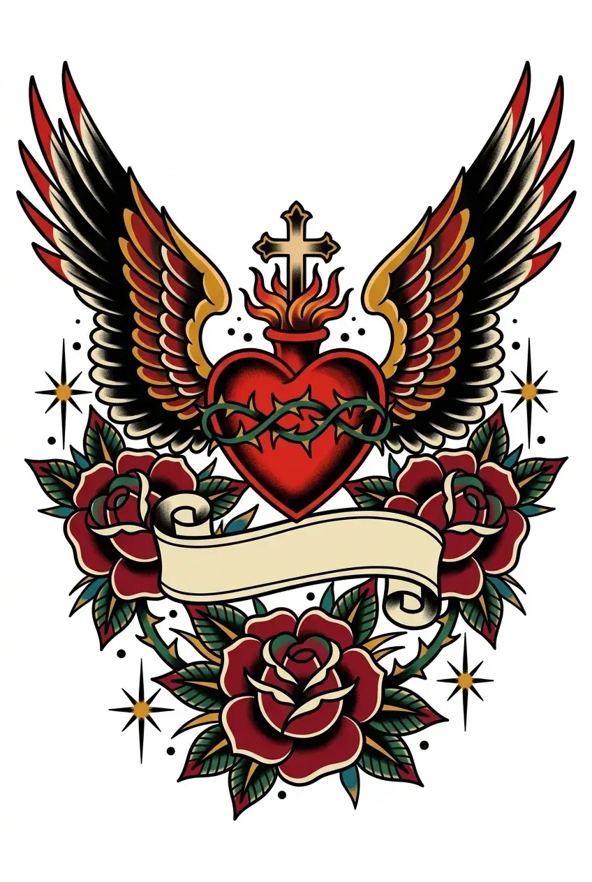 Color sacred heart wings American traditional back tattoo idea for upper back