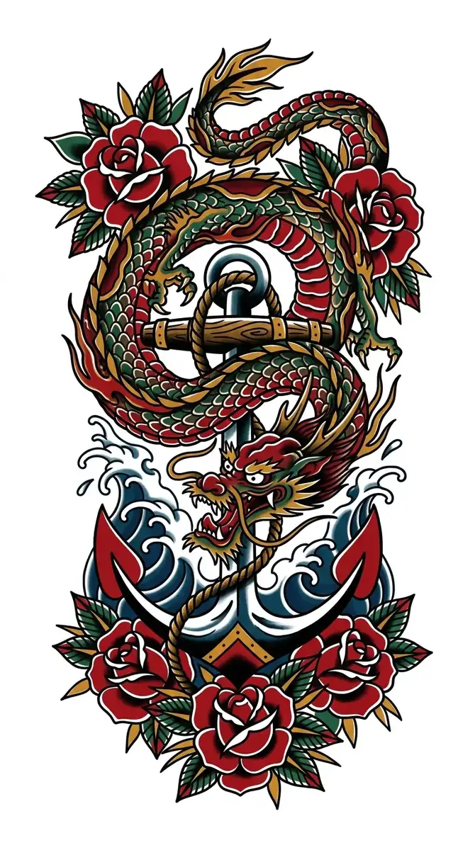 Color dragon anchor American traditional back tattoo idea for back and ribs