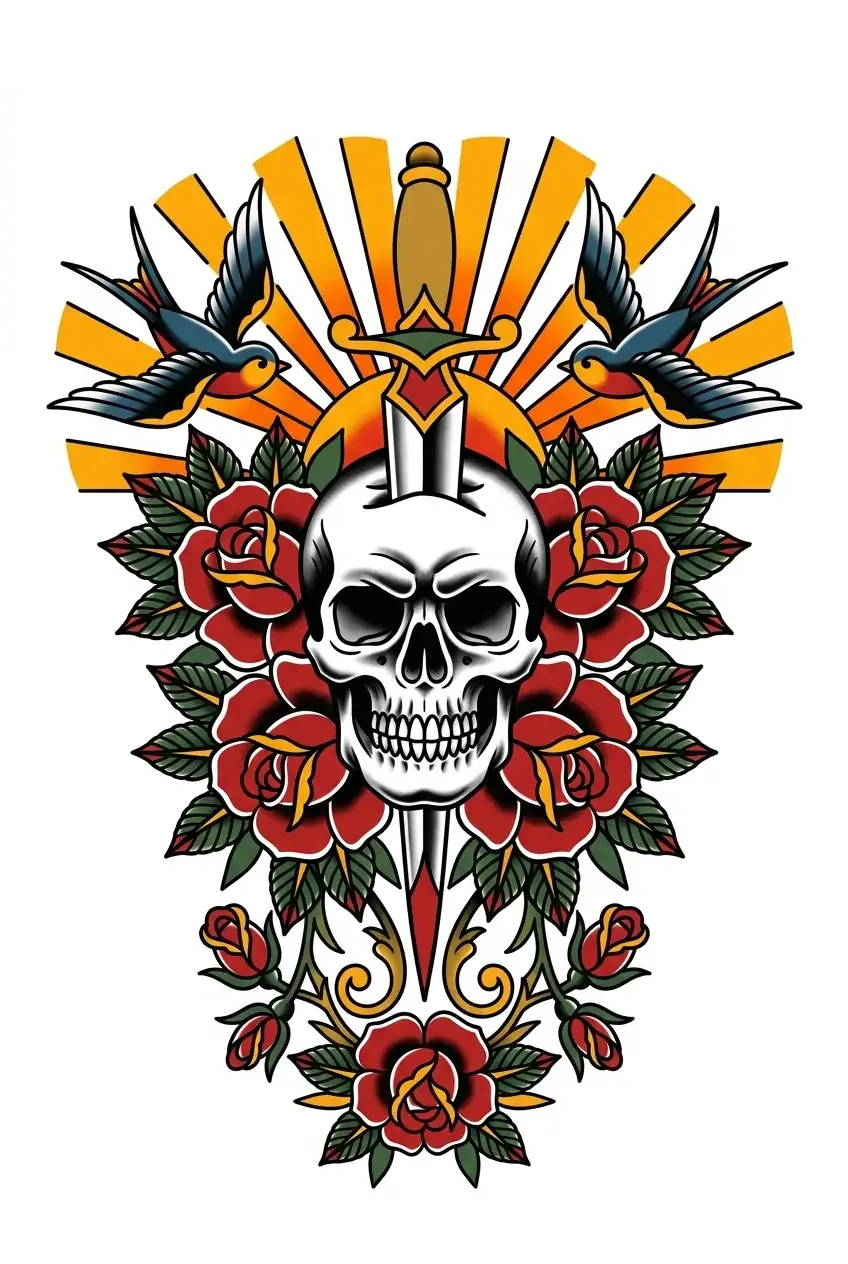 Color skull sunburst American traditional back tattoo idea for center back