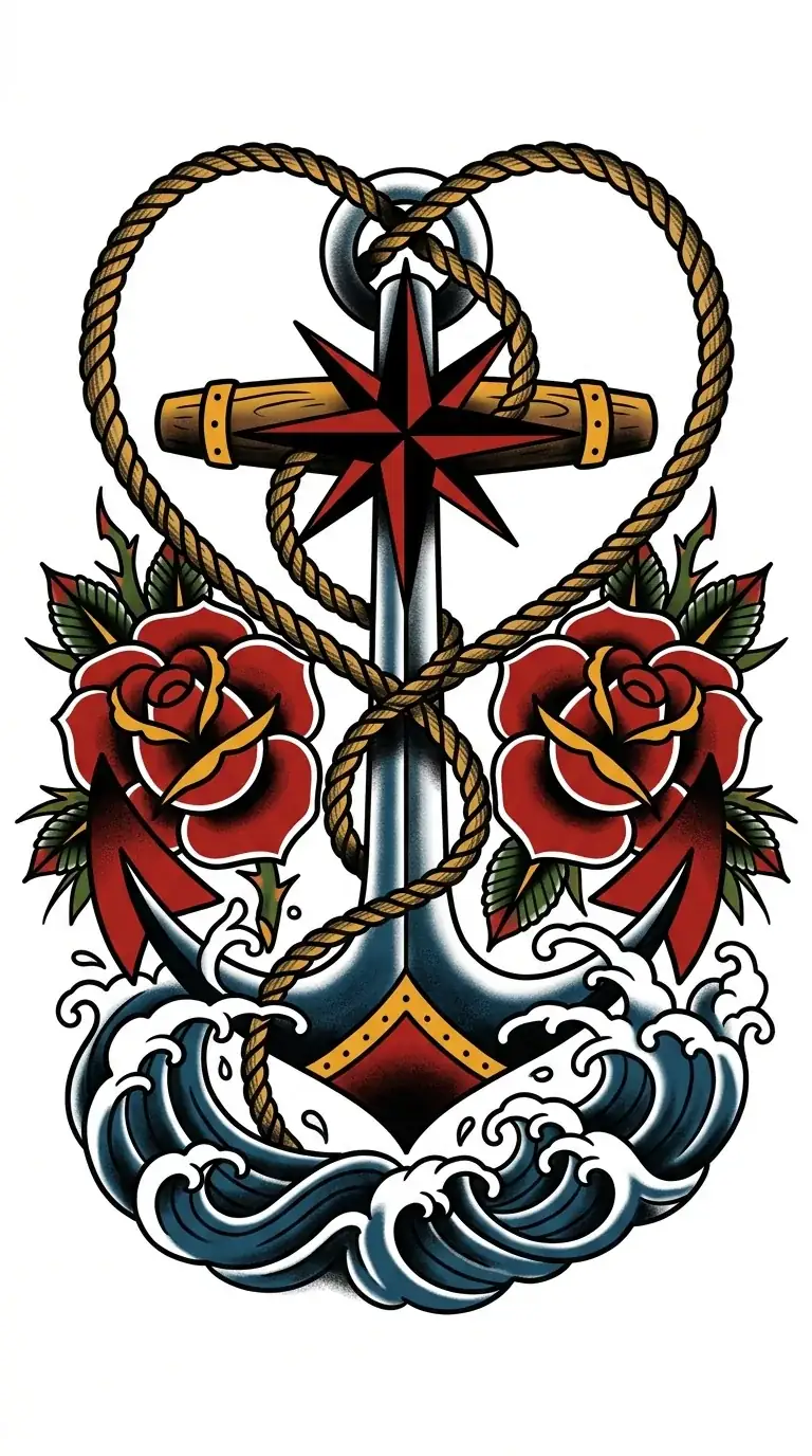 Color anchor compass American traditional back tattoo idea for full back