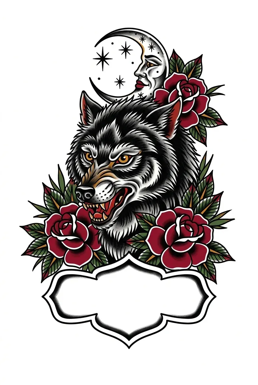Color wolf banner American traditional back tattoo idea for upper back