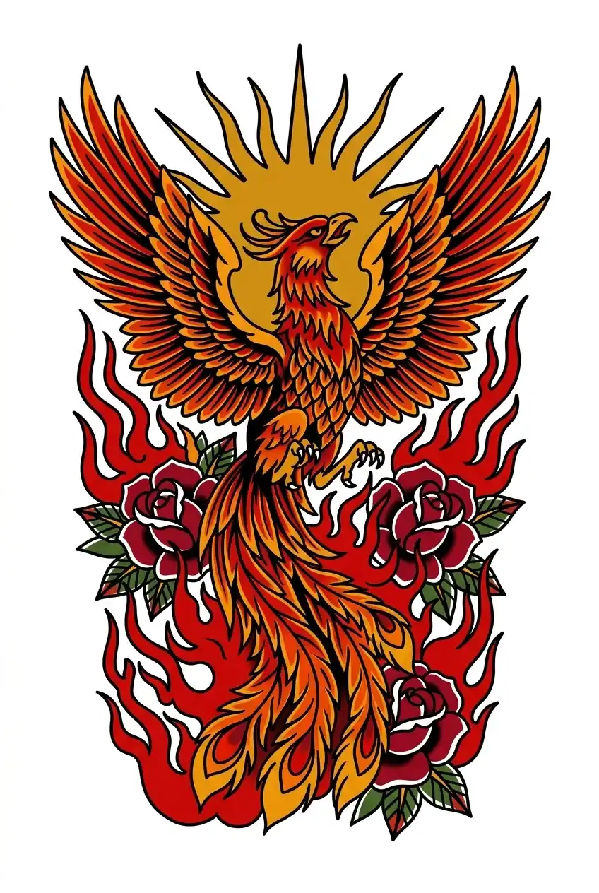 Color phoenix back piece American traditional back tattoo idea for full back