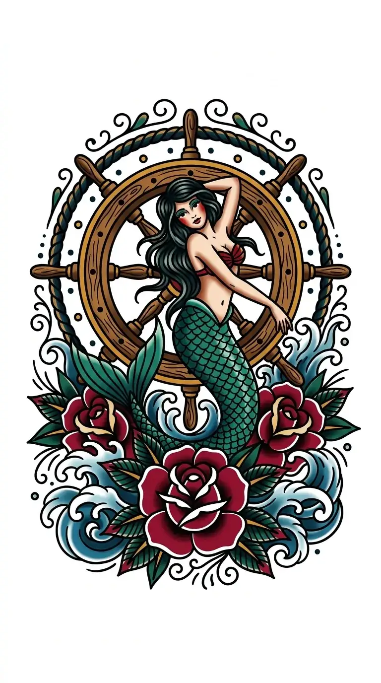 Color mermaid wheel American traditional back tattoo idea for full back