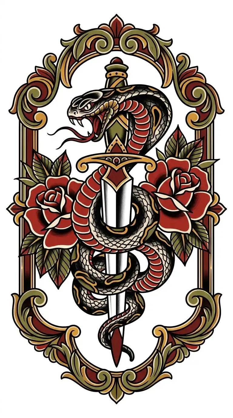 Color cobra dagger American traditional back tattoo idea for center back