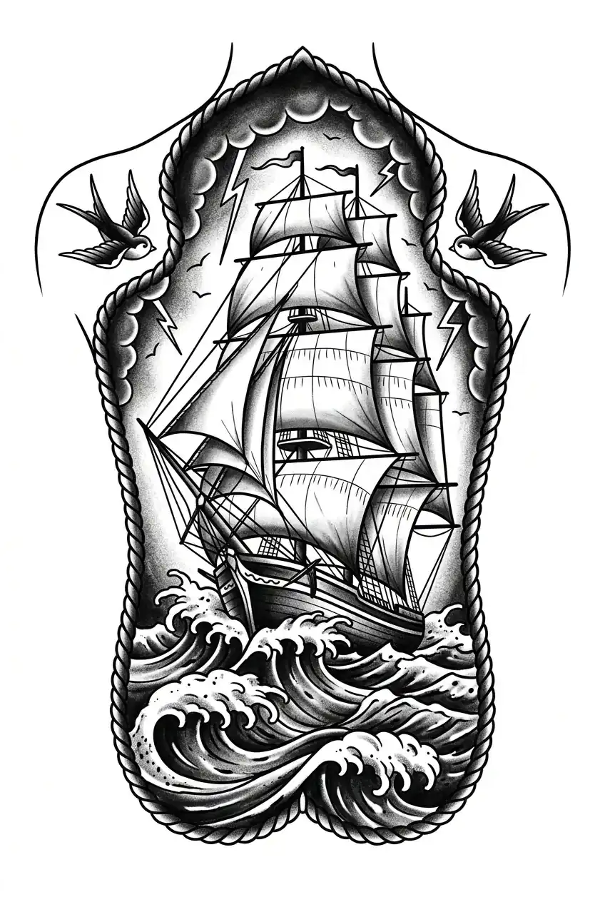 Black & grey ship American traditional back tattoo idea for full back