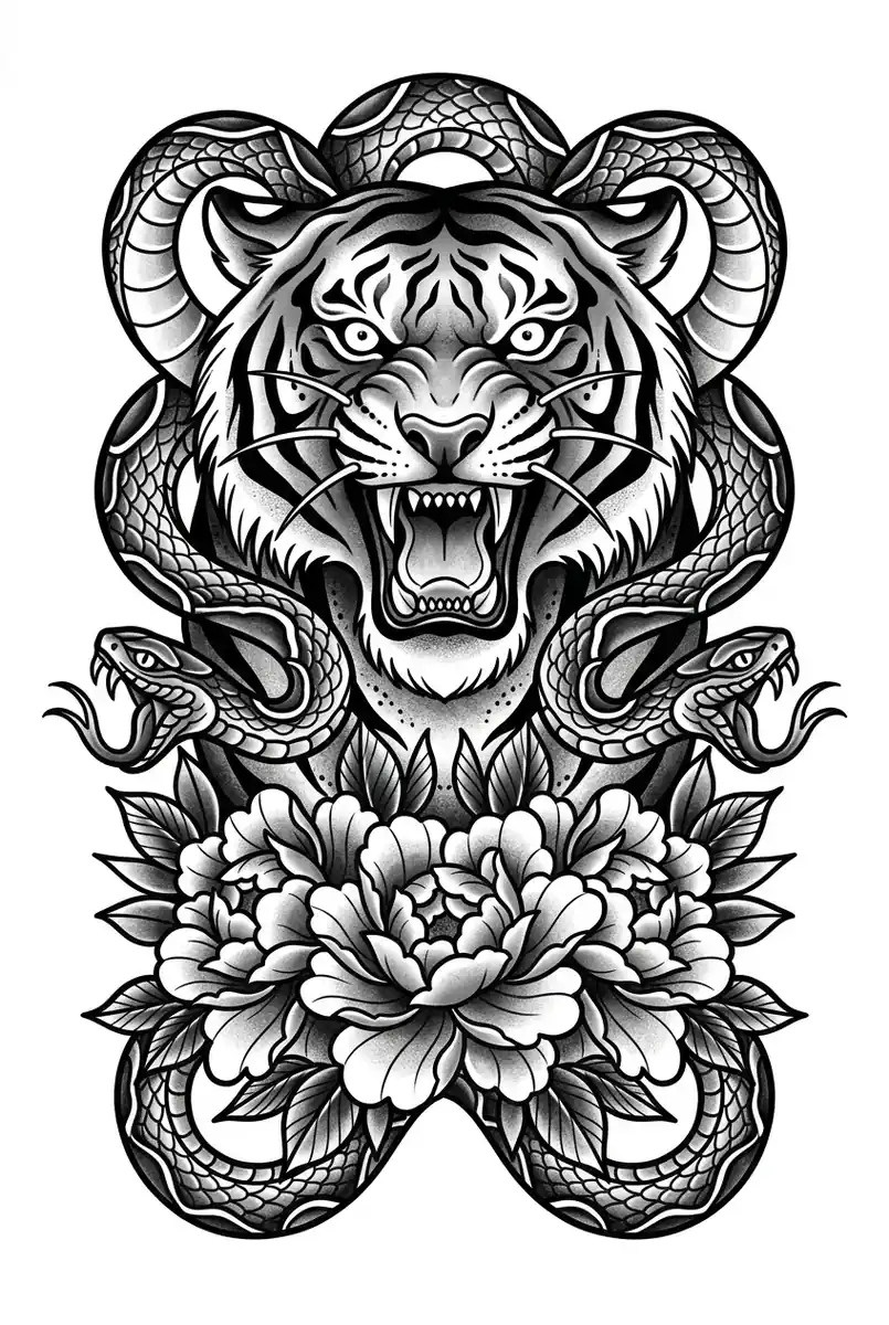 Black & grey tiger American traditional back tattoo idea for full back