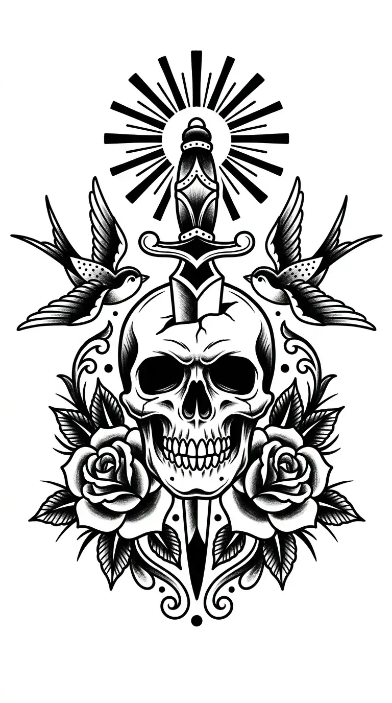 Blackwork skull American traditional back tattoo idea for center back