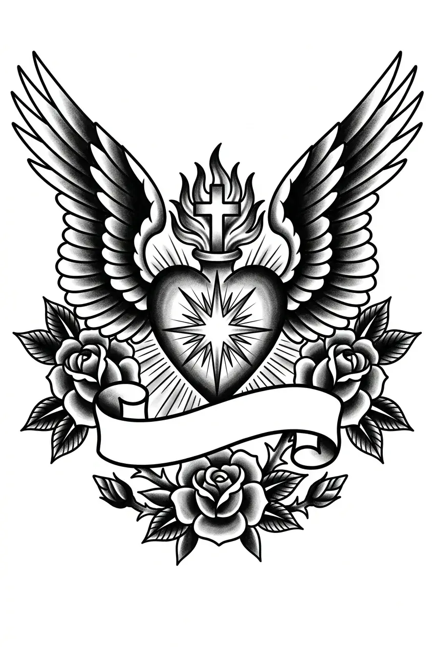 Black & grey sacred heart American traditional back tattoo idea for upper back