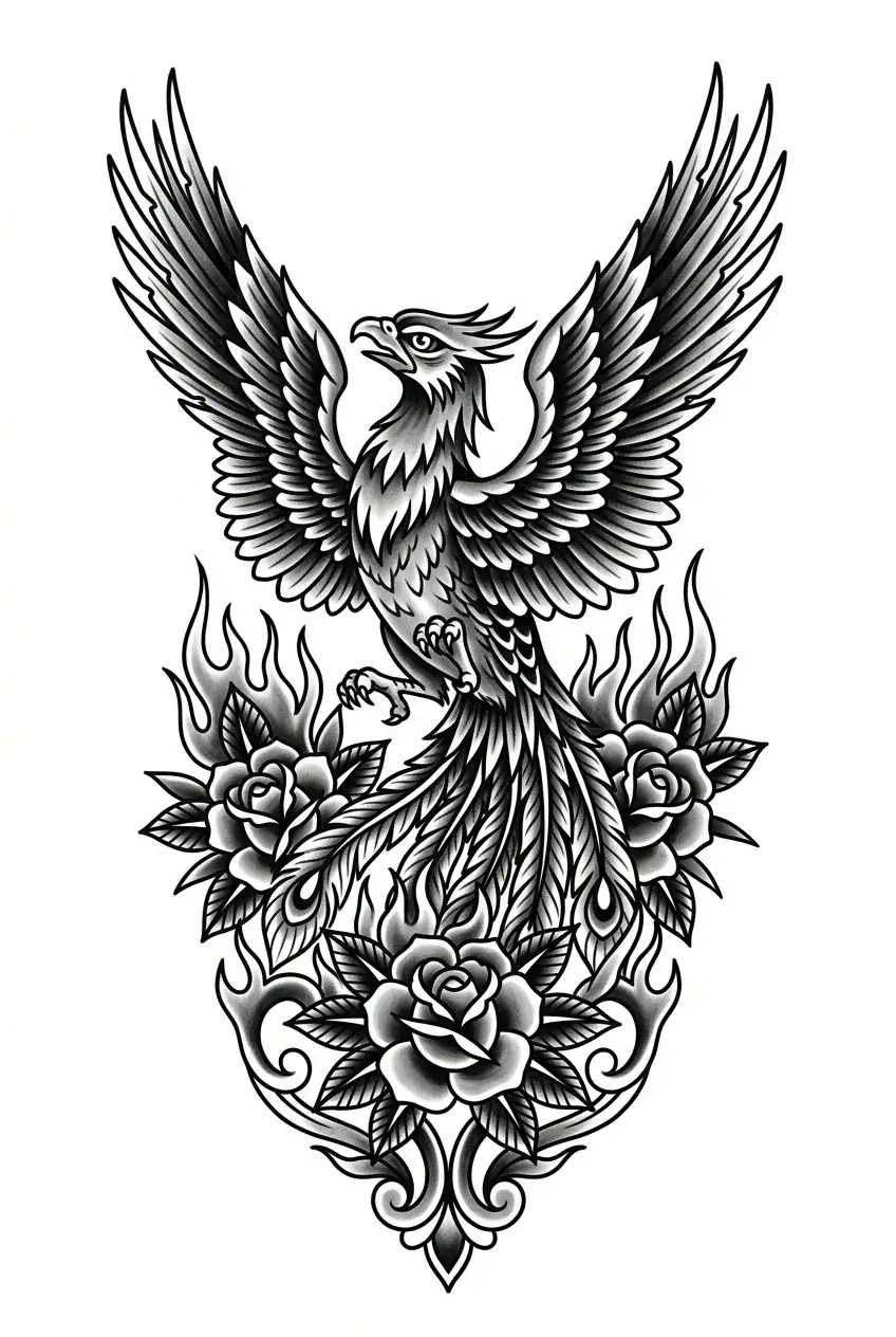 Black & grey phoenix American traditional back tattoo idea for full back