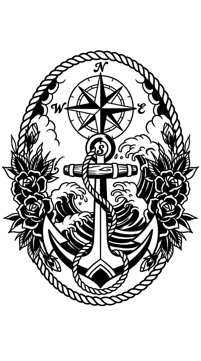Blackwork anchor compass American traditional back tattoo idea for full back