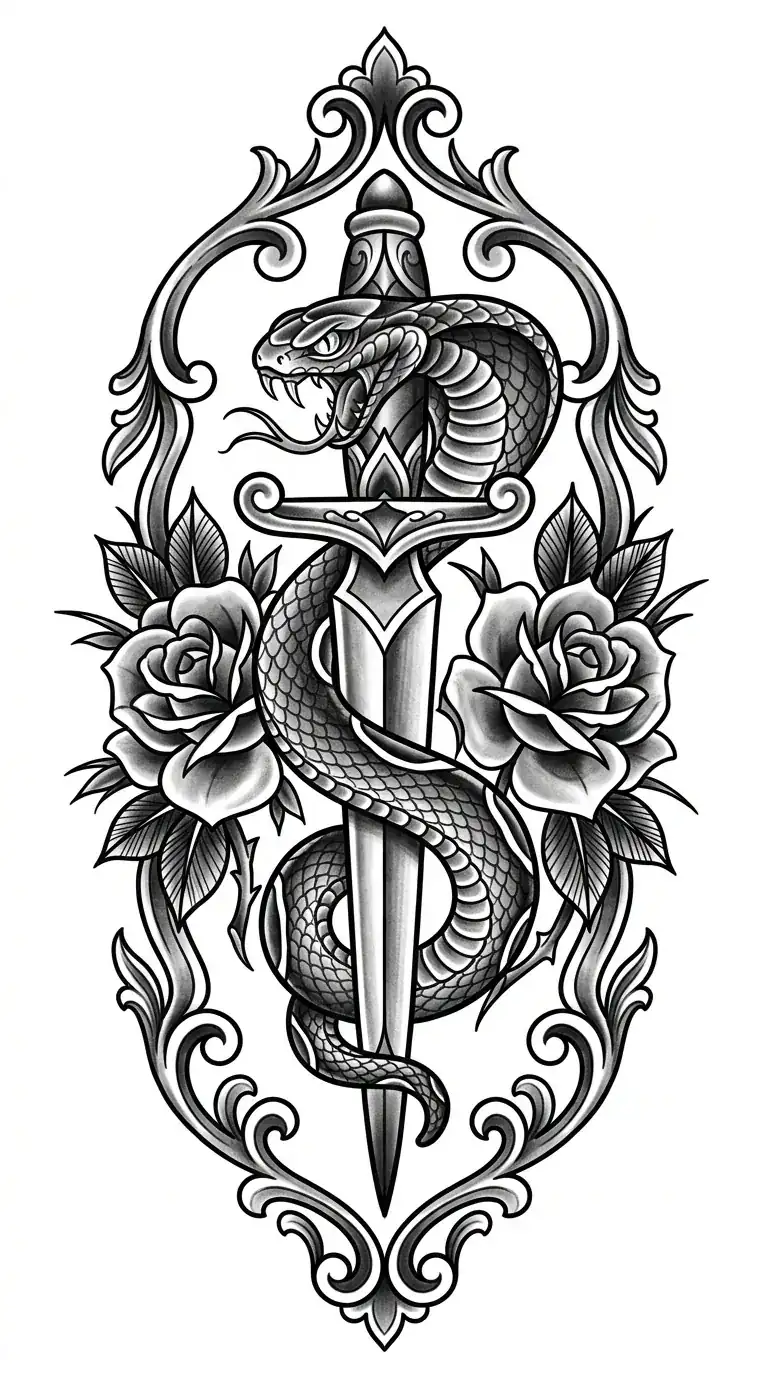 Black & grey cobra American traditional back tattoo idea for center back