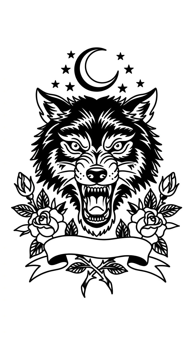 Blackwork wolf American traditional back tattoo idea for upper back