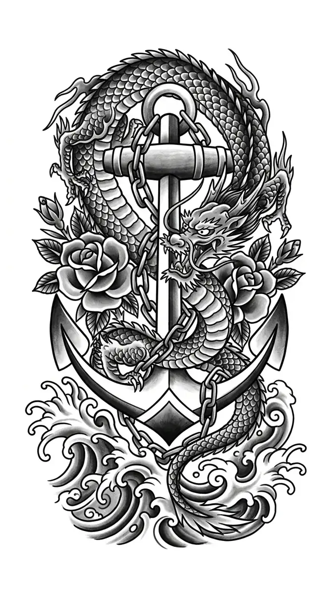Black & grey dragon American traditional back tattoo idea for back and ribs