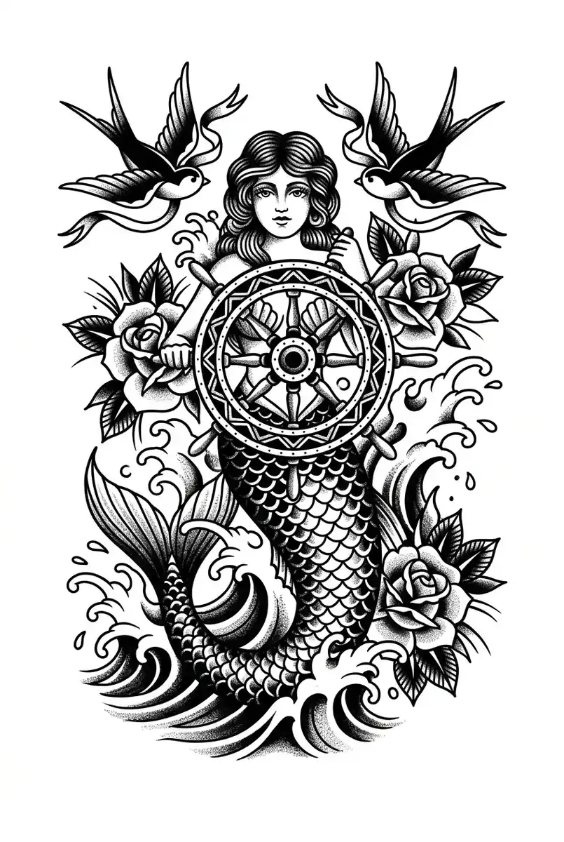 Blackwork mermaid American traditional back tattoo idea for full back