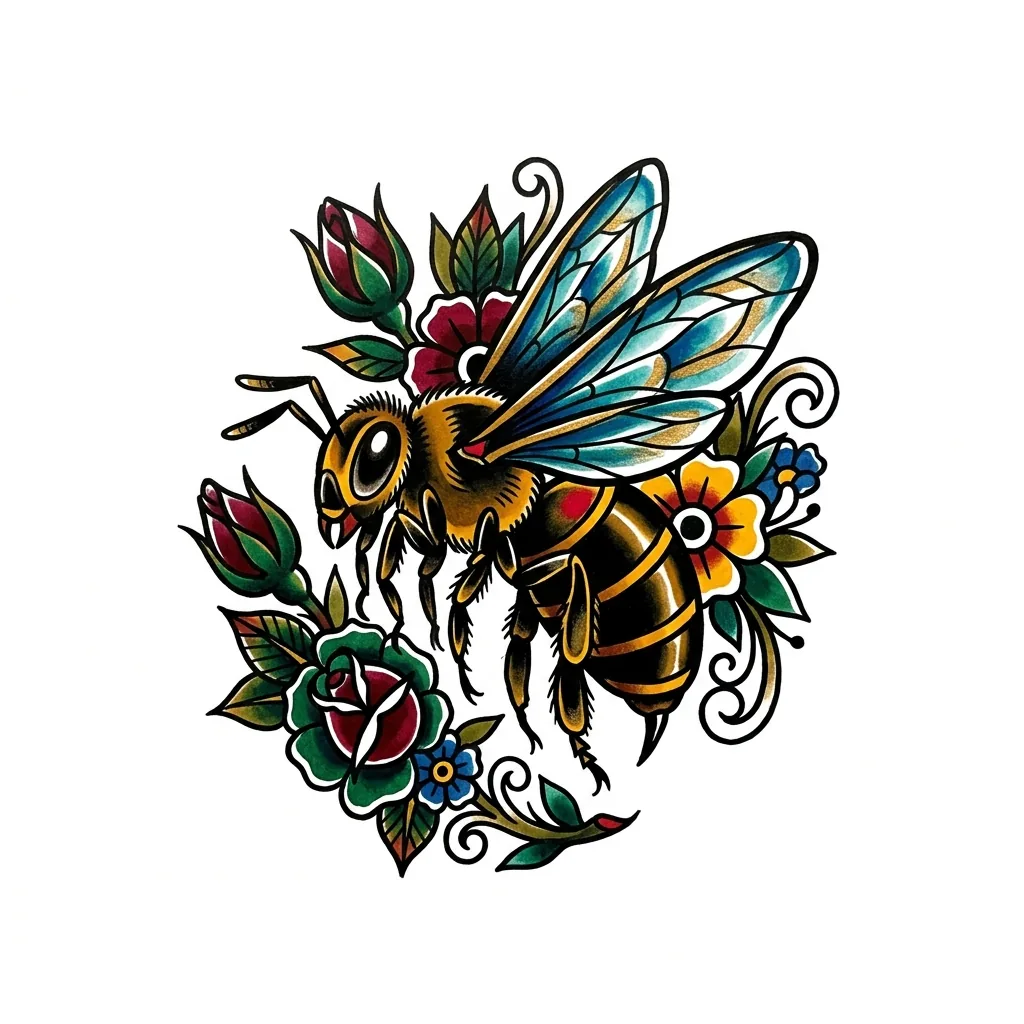 Traditional bee tattoo idea for back