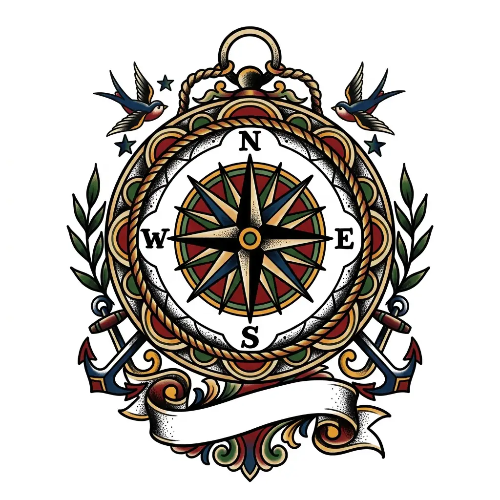 Traditional compass tattoo idea for back