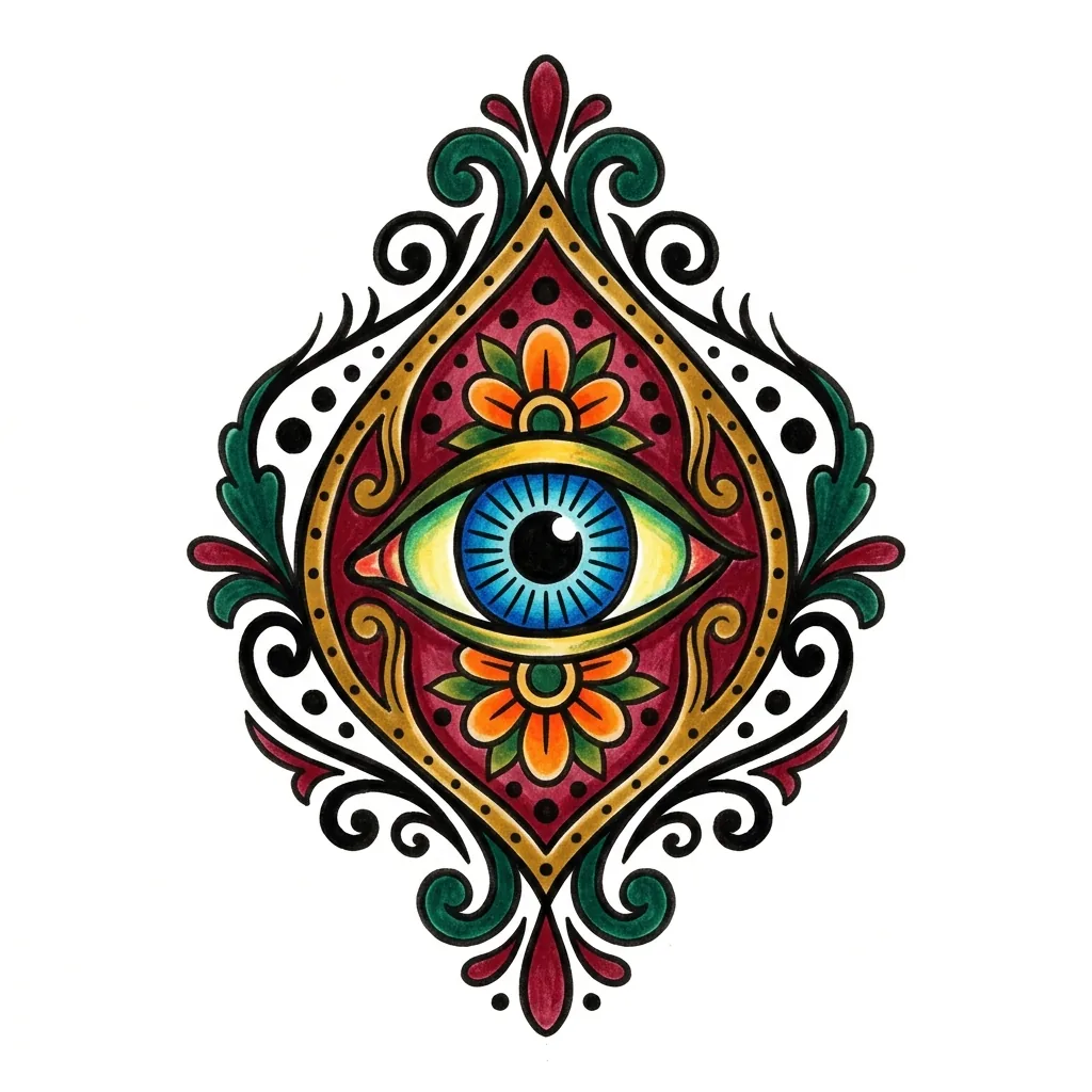 Traditional eye tattoo idea for back