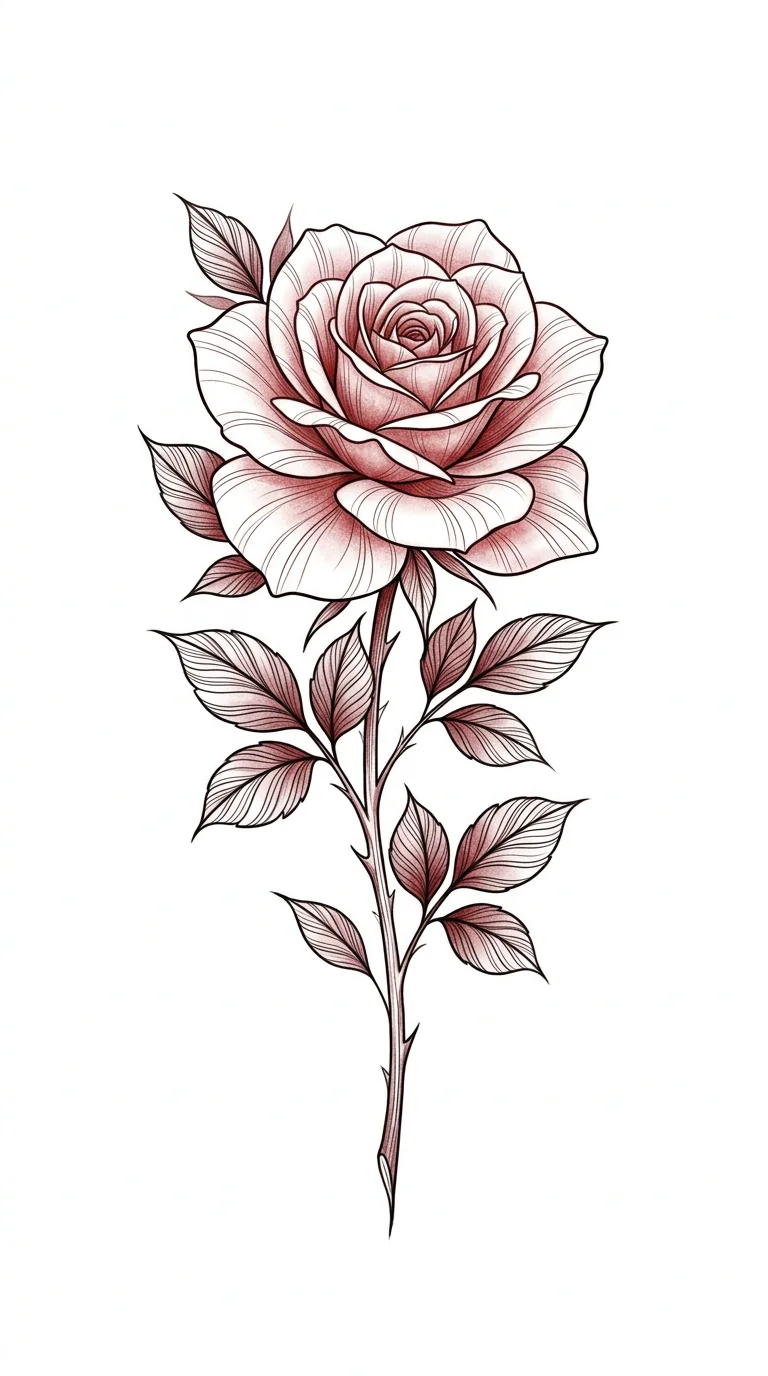 Red rose fine-line fine line tattoo stencil tattoo idea for upper arm