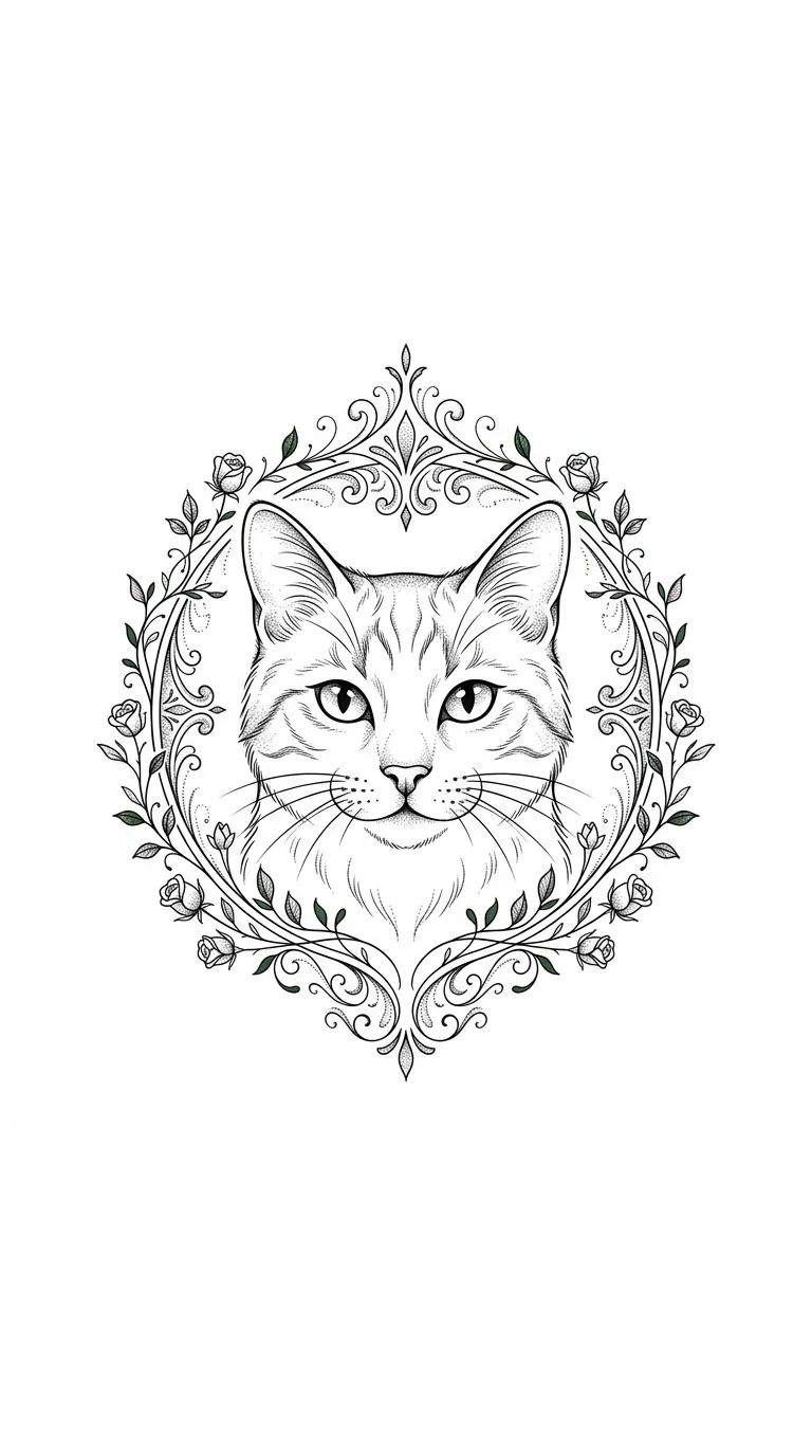 Ornamental cat fine line tattoo stencil tattoo idea for ankle