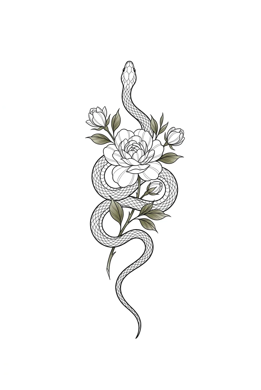 Snake and flower fine line tattoo stencil tattoo idea for rib