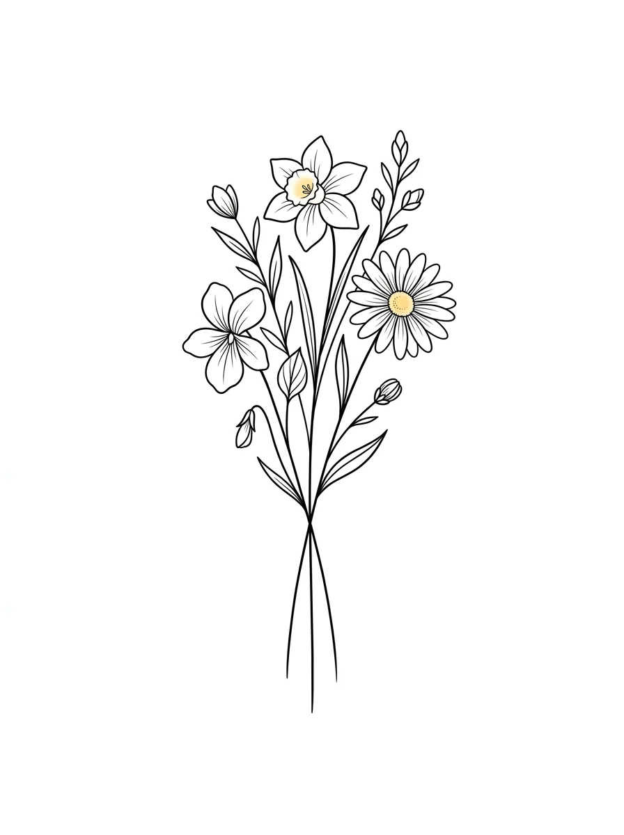 Birth flower bouquet fine line tattoo stencil tattoo idea for forearm