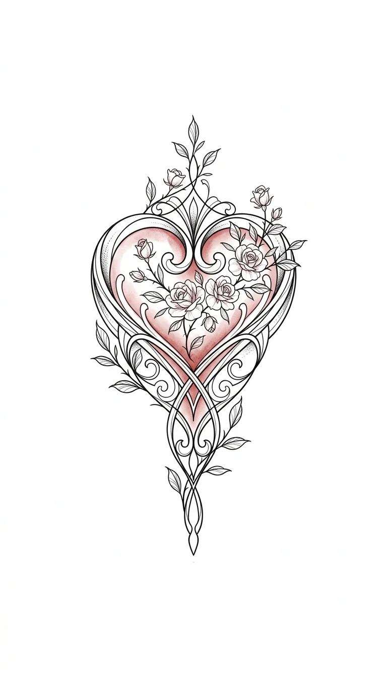 Heart and roses fine line tattoo stencil tattoo idea for chest