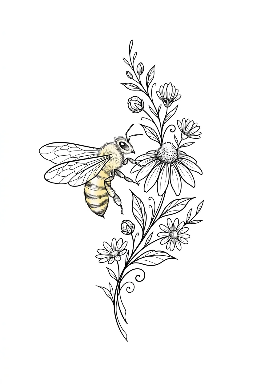 Bee and wildflower fine line tattoo stencil tattoo idea for wrist